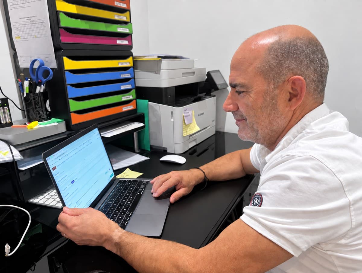 Le même bureau, le père de Robin ouvrant son planning sur un ordinateur portable.